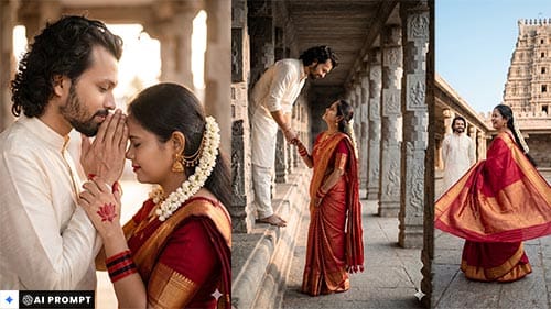 Gemini AI South Indian Couple Photo Prompt, Indian Wedding Couple Prompts Free, Viral Gemini Couple Photo Prompt Ideas.